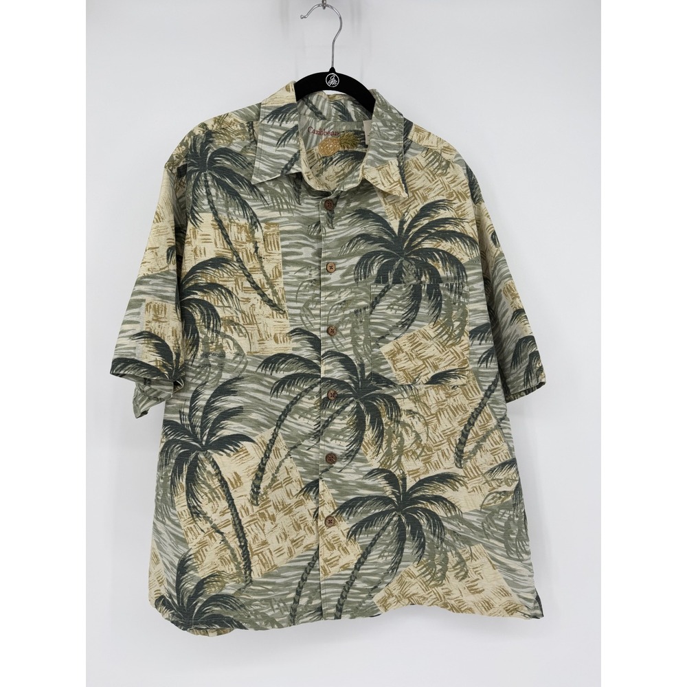 Caribbean Mens Silk Cotton Palm Tree Tropical Button Down Shirt Green Large